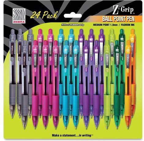 Zebra Z-Grip Retractable Ballpoint Pen, Assorted Ink, Medium Point, 24/Pack