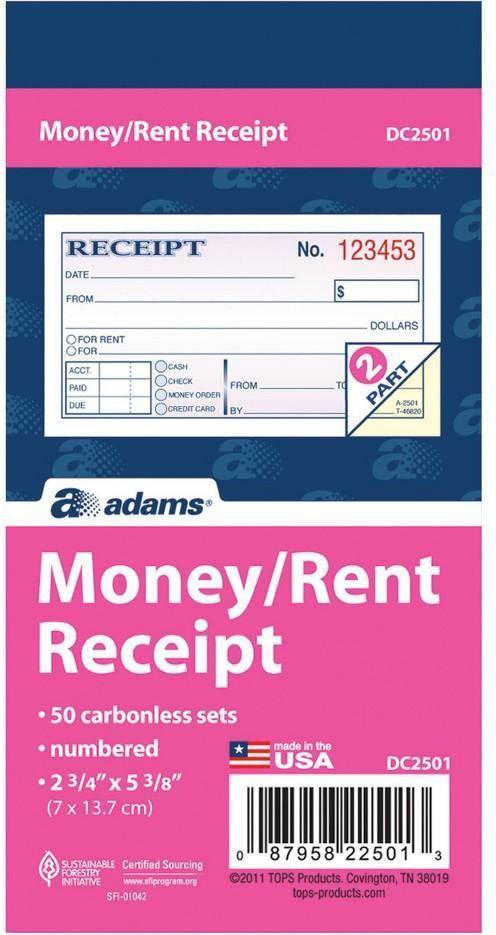 Adams 50ct Numbered Money/Rent Receipt Book