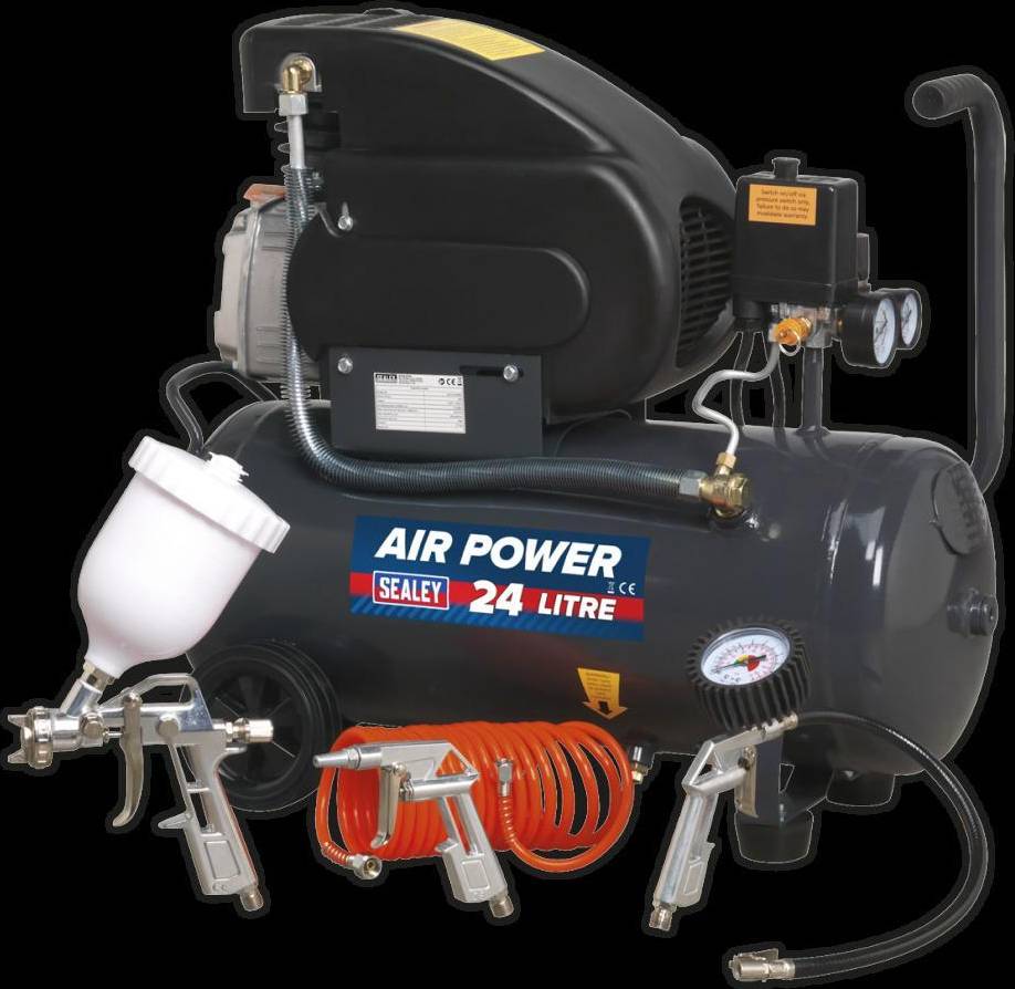 Sealey Air Compressor 24L Direct Drive 2hp 4pcs Air Accessory Kit