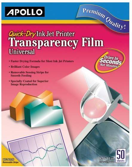 Quick-Dry Color Inkjet Transparency Film, Letter, Clear, 50/Box