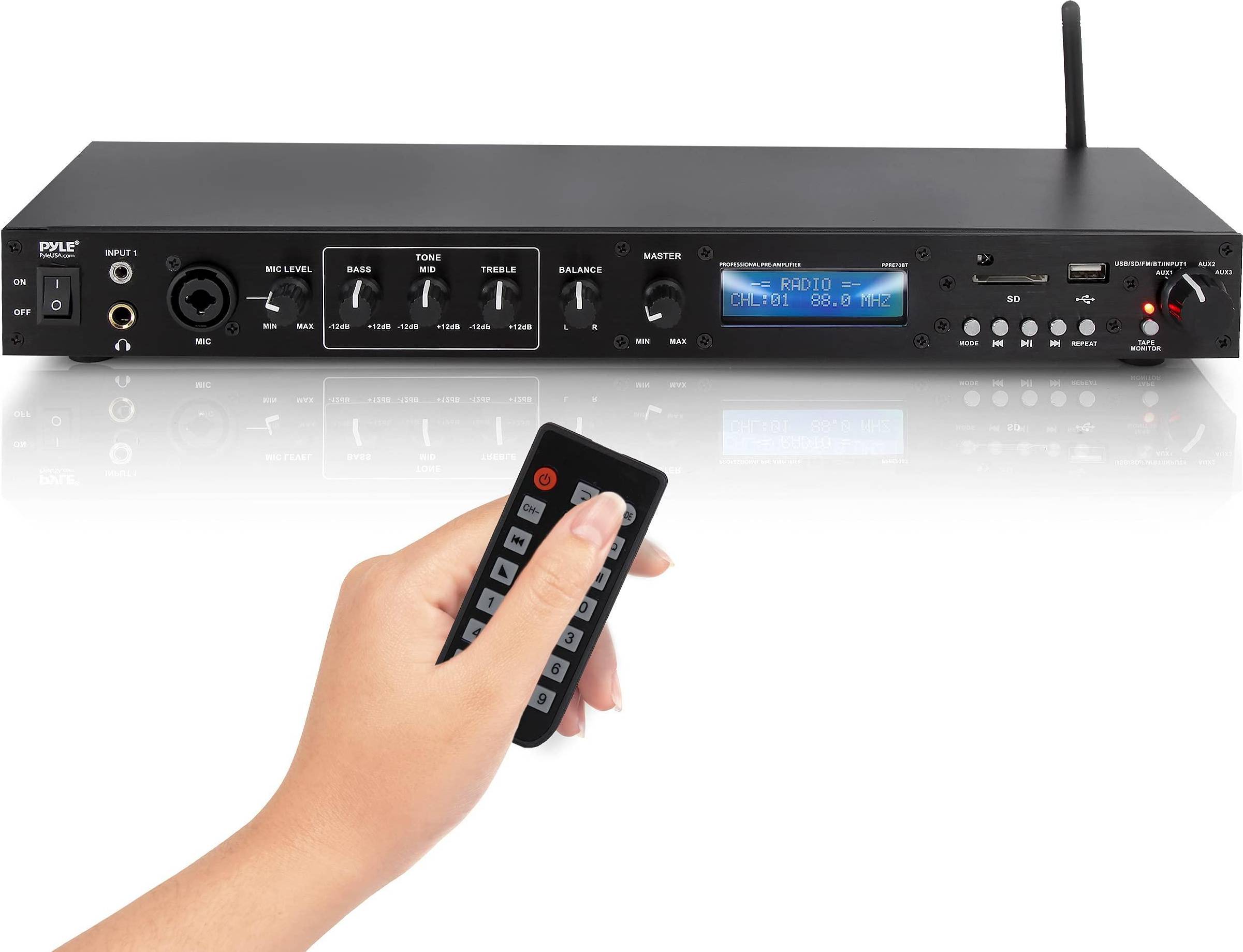 Radio receiver with bluetooth Shein Pyle Rack Mount Studio Pre-Amplifier Audio Receiver System w/ Digital LCD Display Bluetooth FM Radio Recording Mode Remote Control USB Flash or SD Card Reader Input and Output Jack PPRE70BT