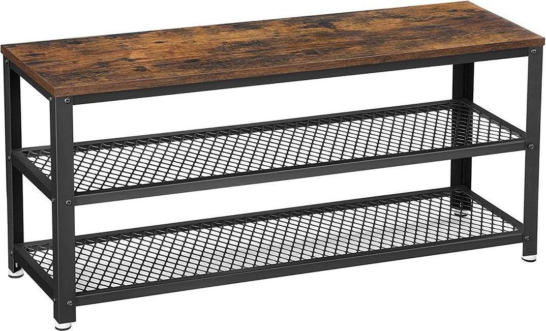 Songmics Rustic Brown Bench with 2 Shelves Shoe Rack