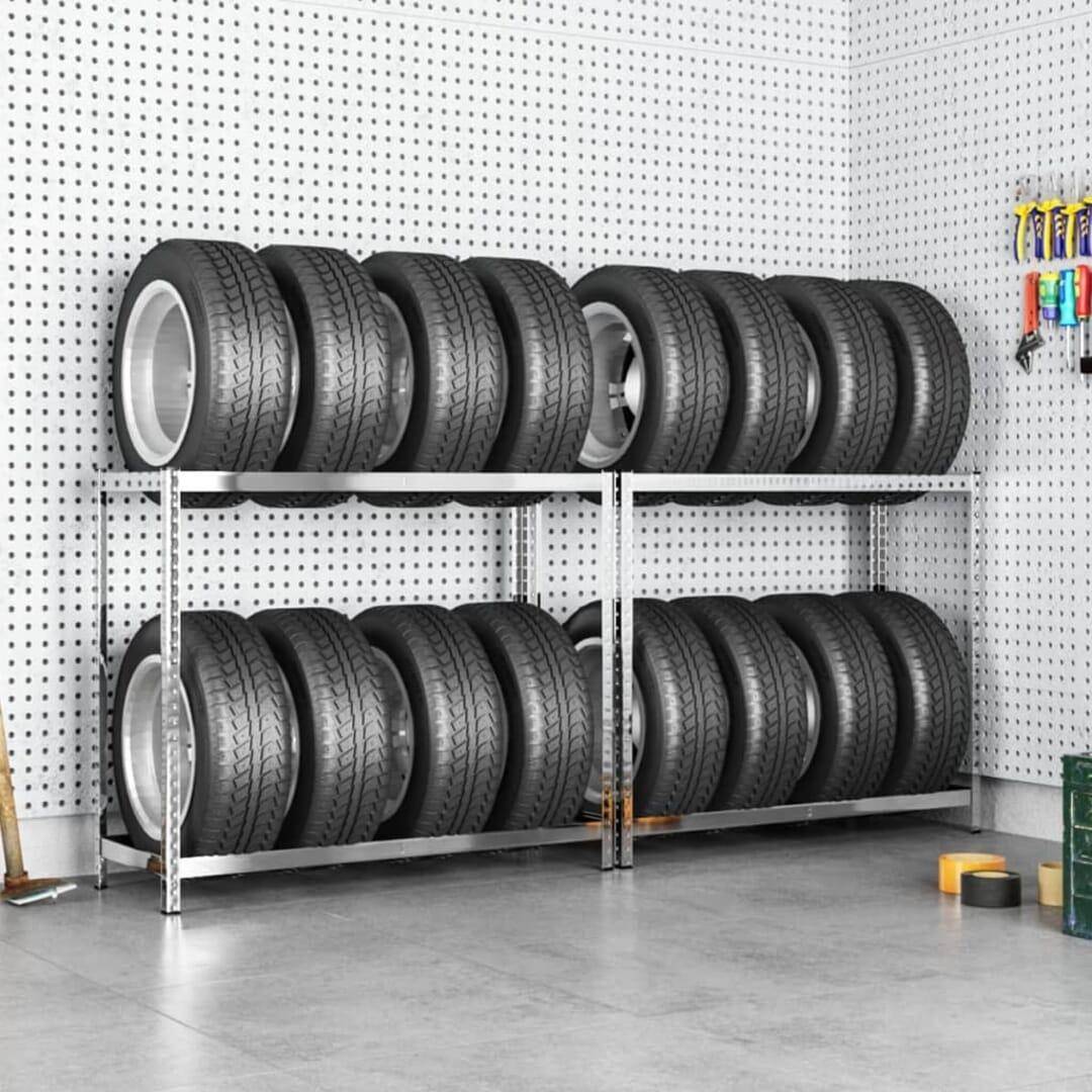 vidaXL 2-Layer Tire Racks 2 Pcs Silver Shelving System