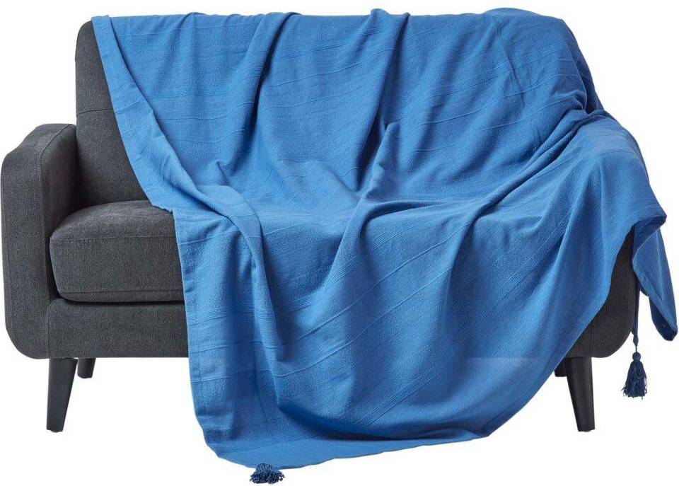 Homescapes Cotton Rajput Ribbed Throw, 255 Blankets Blue