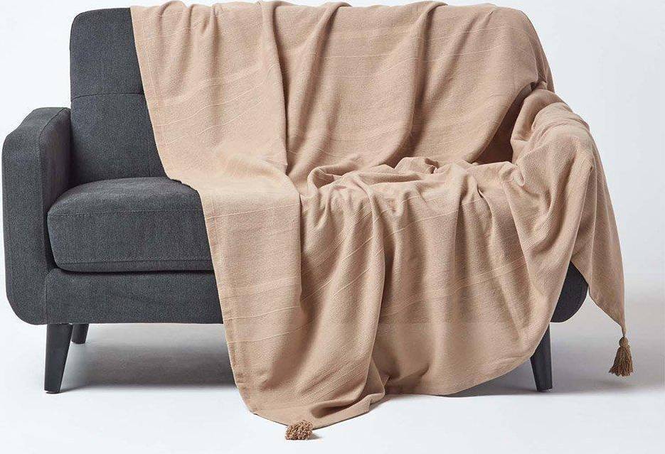 Cotton throws for sofas Homescapes Cotton Rajput Ribbed Blankets Natural, Beige