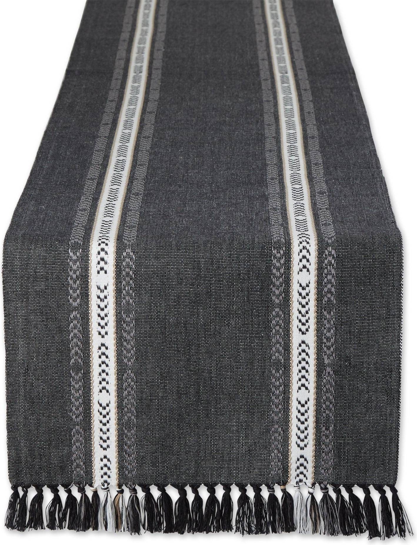 DII Dobby Striped Fringe Ribbed Tablecloth Black