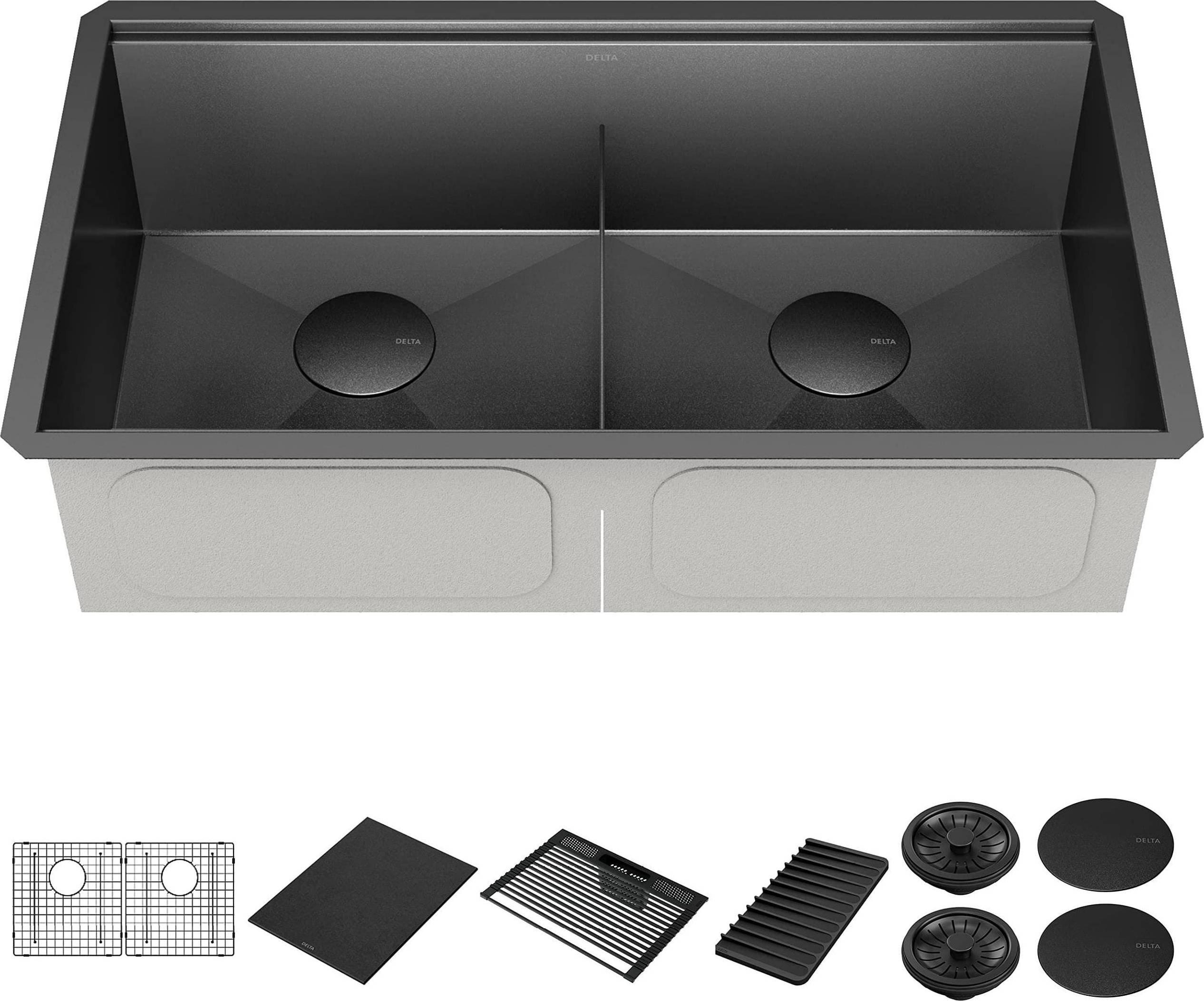 Black undermount kitchen sink Delta Rivet 33 Undermount Double