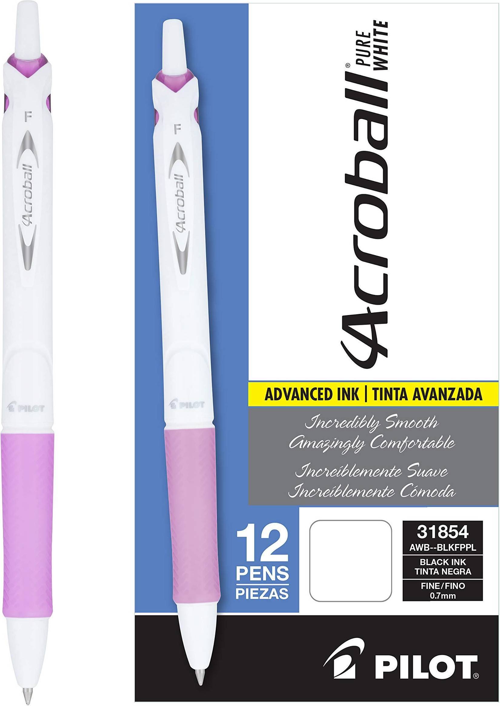 Pilot Acroball PureWhite Advanced Ink Refillable Retractable Ball Point Pens 12-Pack