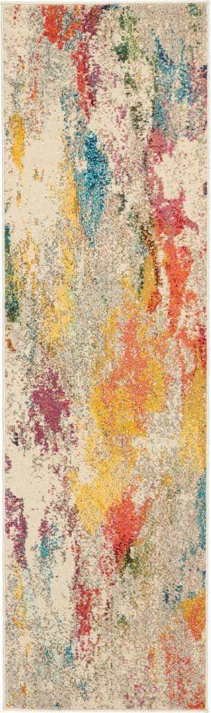 Nourison Ivory Mult Modern Abstract Graphics Rug 66 x 229 cm Runner Multicolour, White