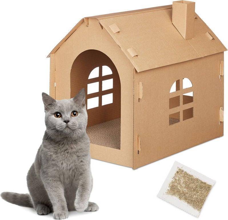 Relaxdays Cat House Cardboard, Kitten Cave Scratching Board, Easy Assembly, Incl.