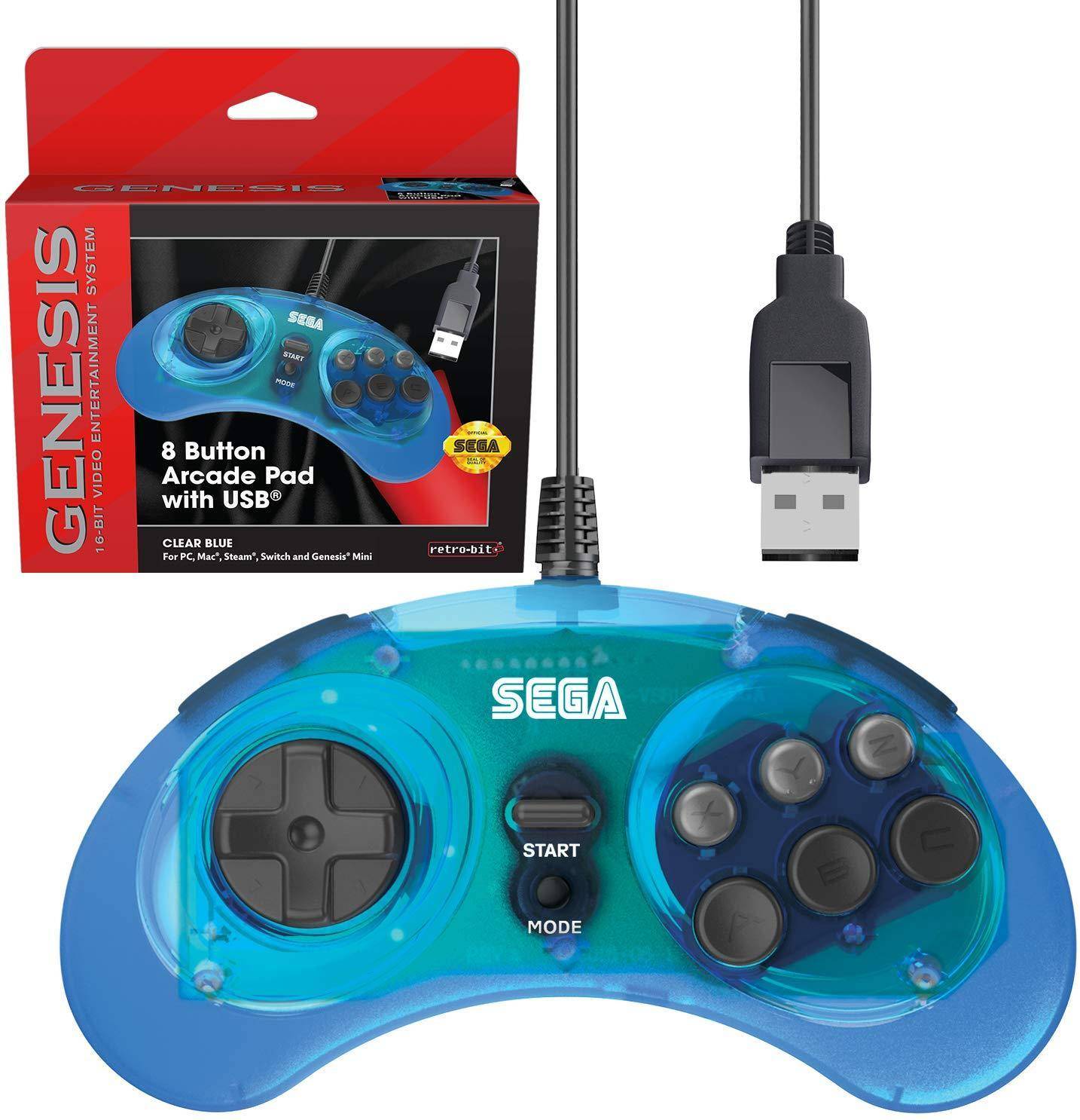 Retro-Bit Retro-Bit Official Sega Genesis USB Controller 8-Button Arcade Pad for Sega Genesis Mini, Switch, PC, Mac, Steam, RetroPie, Raspberry Pi - USB Port