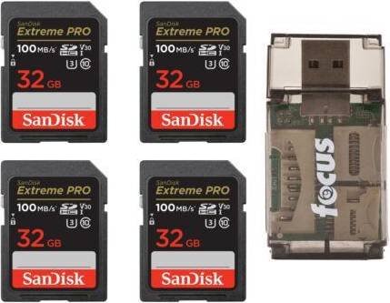 SanDisk 32GB Extreme Pro Memory Card 4-pack Bundle with All-In-One Card Reader