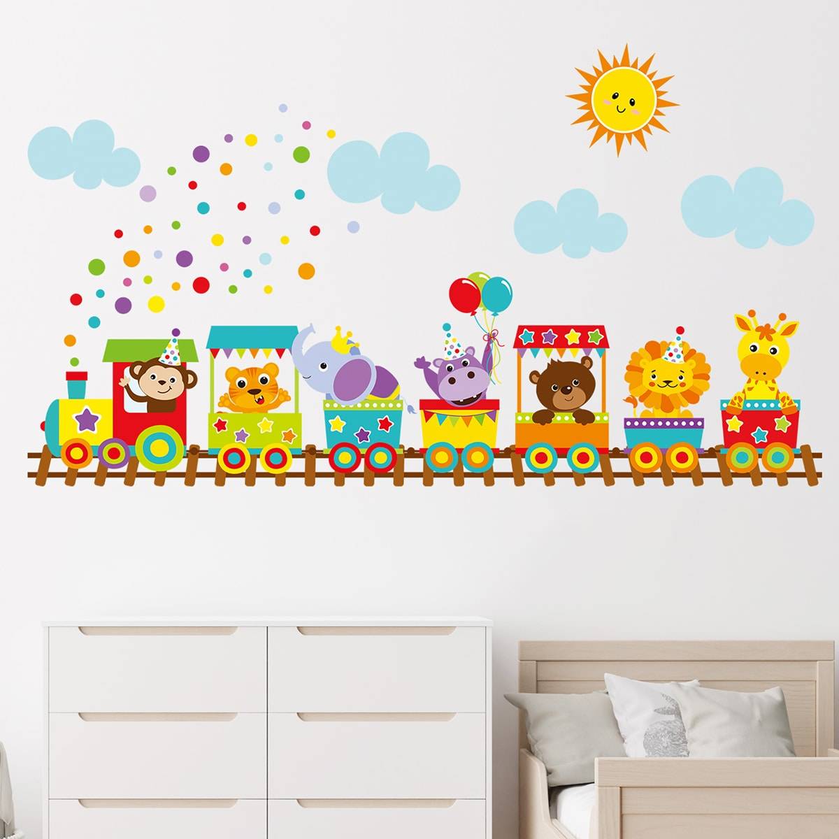 Shein 2pcs Cartoon Animal & Train Pattern Wall Sticker
