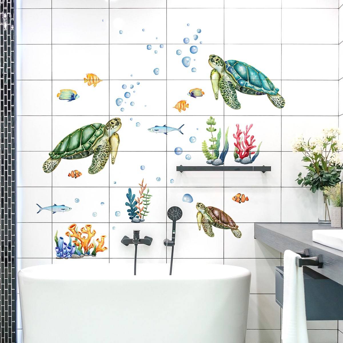 Shein 2pcs Turtle Pattern Wall Sticker, Cartoon PVC Removable Wall Sign Decal