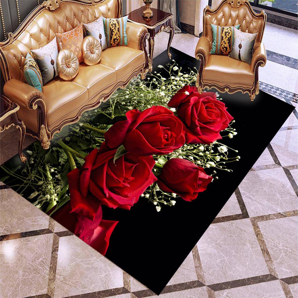 Shein Rose Pattern Rug Non-Slip Floor Carpet Multicolour