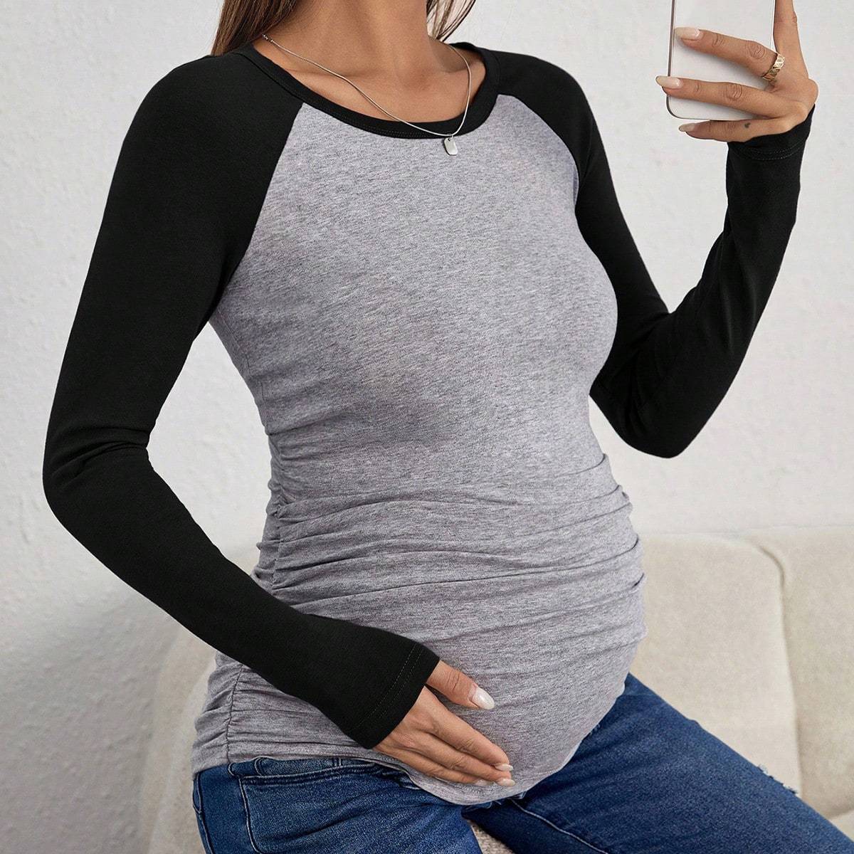 Shein Maternity Two Tone Raglan Sleeve Ruched Side Tee