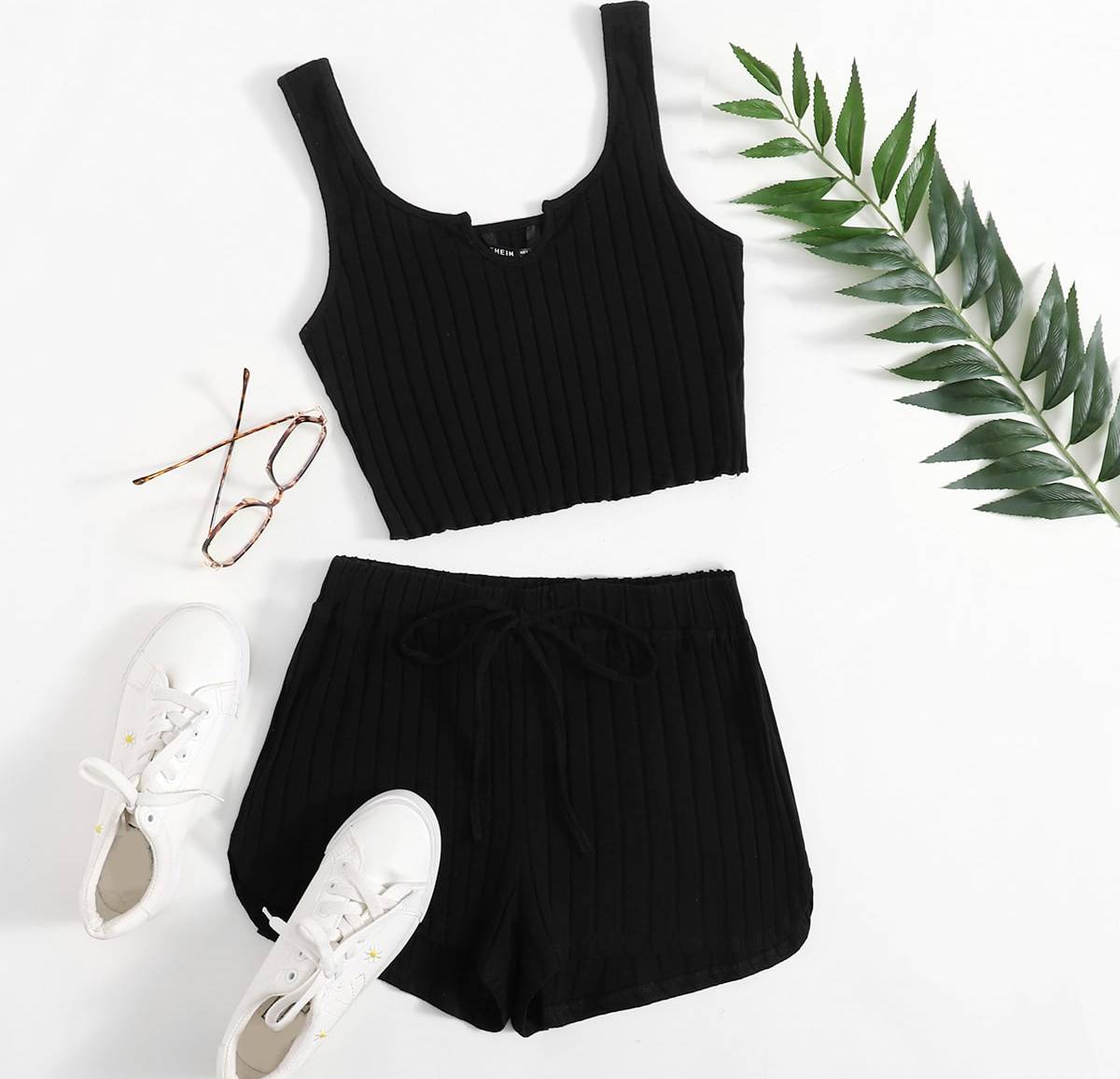Shein Notch Neck Rib-knit Tank Top & Shorts Set