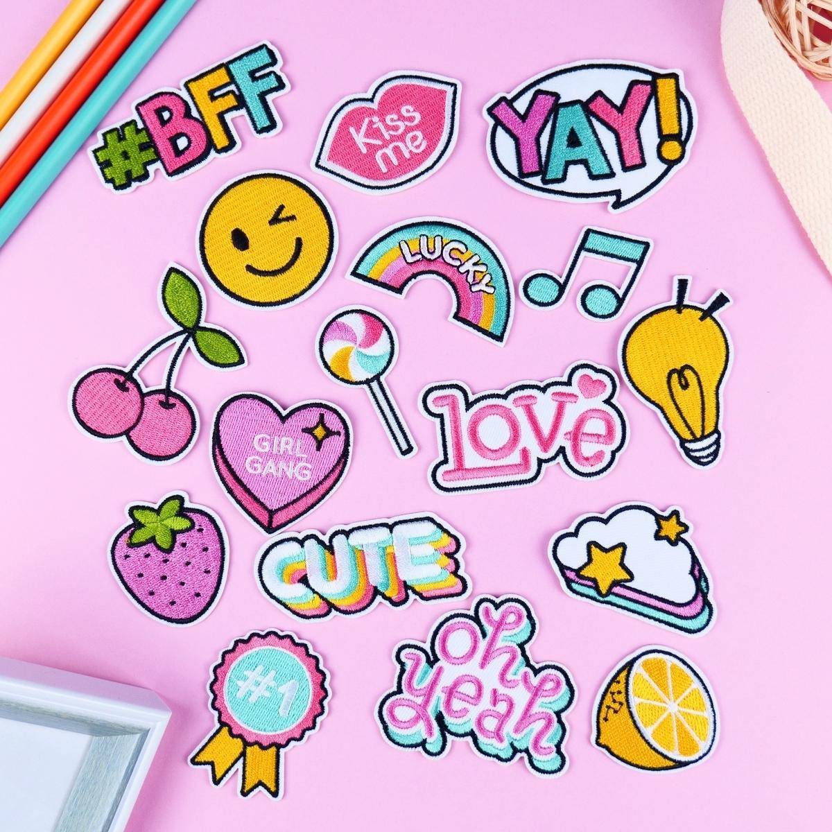 Shein 17pcs Colorful Mixed Pattern Cute Patch, Polyester Creative Iron On Patch For DIY