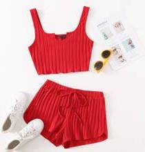 Shein Notch Neck Rib-knit Tank Top & Shorts Set