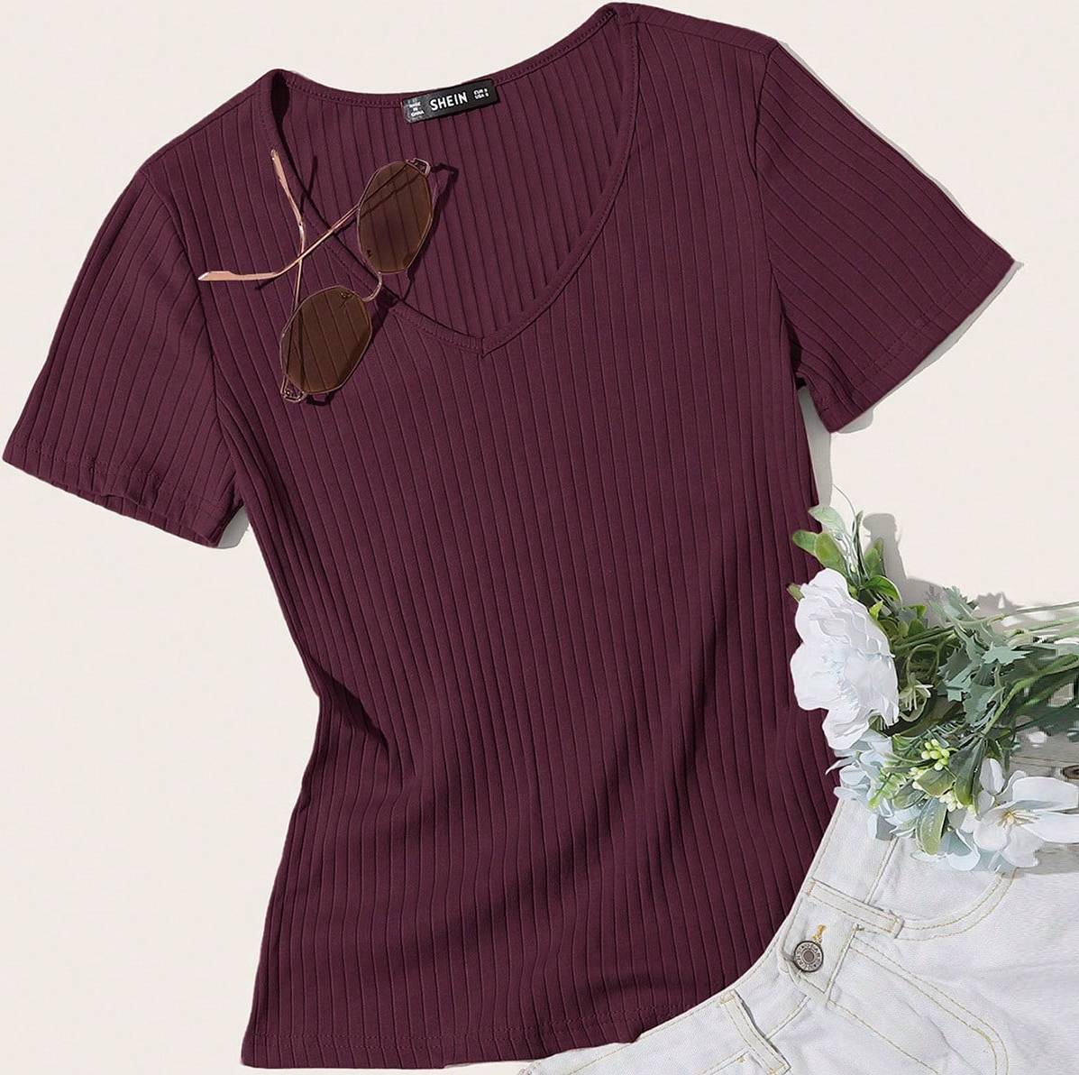 Shein V Neck Ribbed Knit Tee
