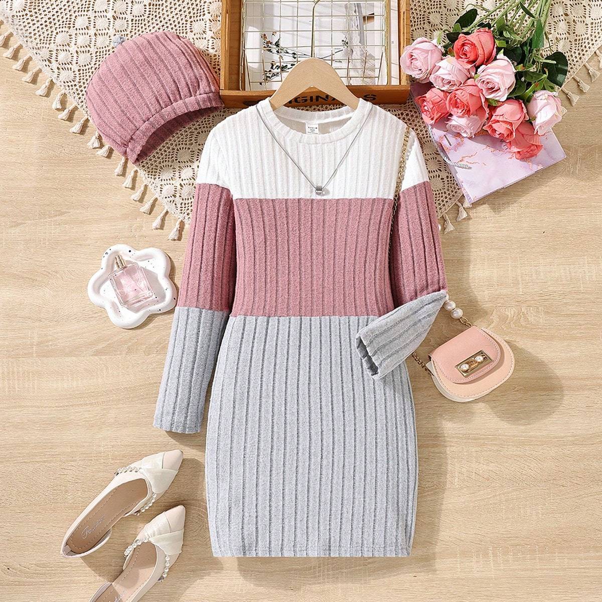 Shein Tween Girl Color Block Ribbed Knit Dress & Hat