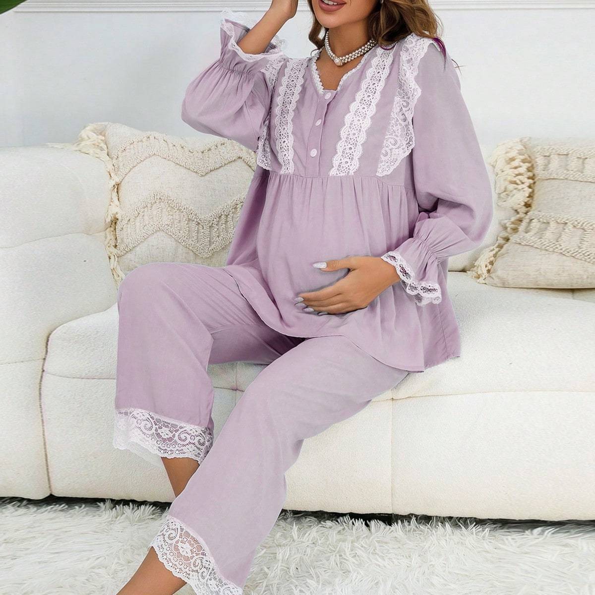 Shein Maternity Contrast Lace Flounce Sleeve Ruffle Trim Button Front PJ Set