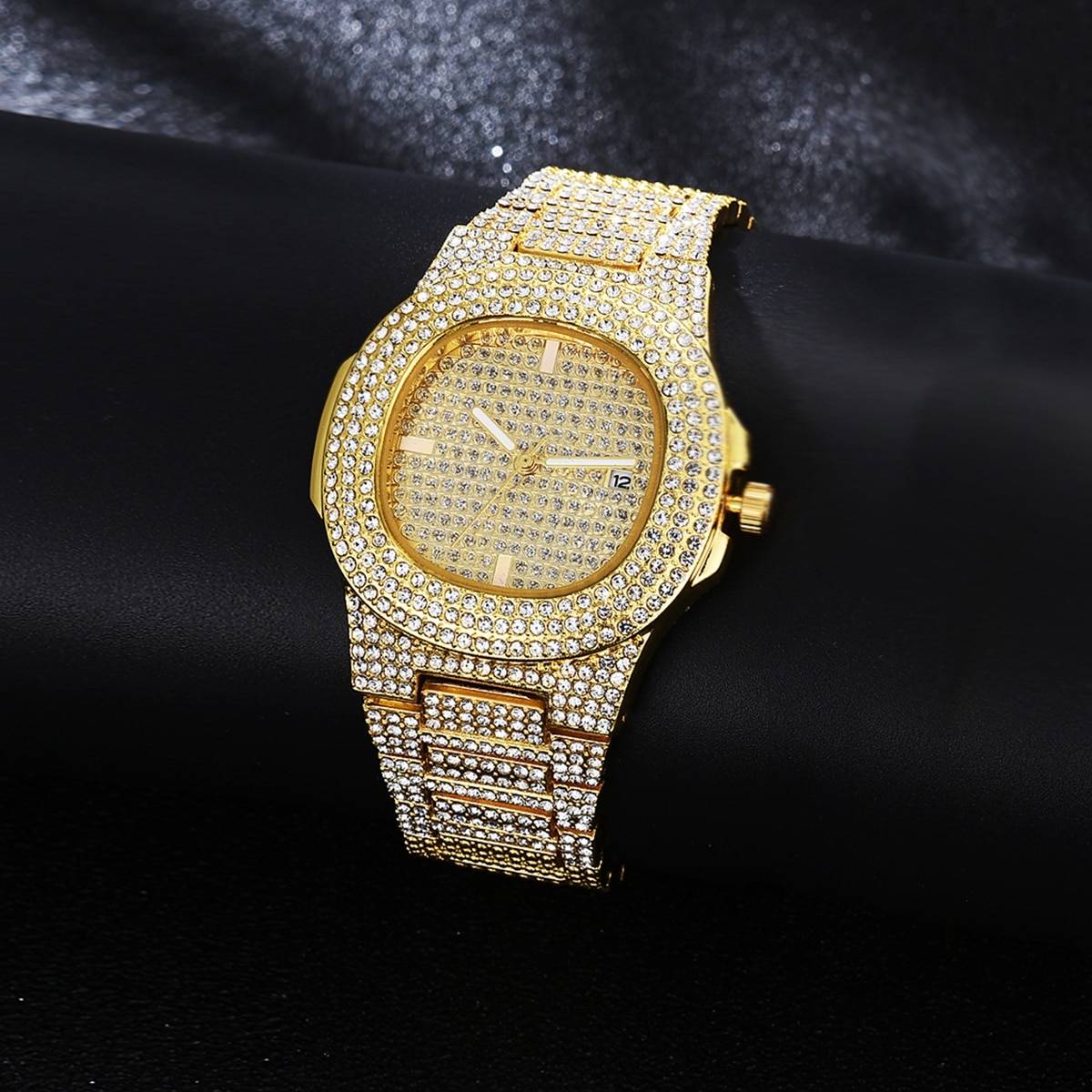 Shein Rhinestone Decor Square Pointer Date Watch