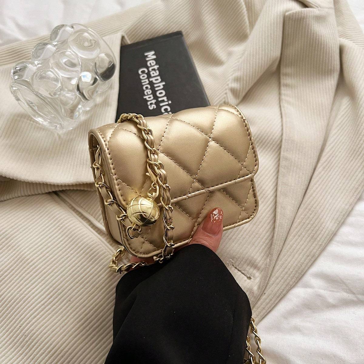 Shein High-End Texture Rhinestone Ball Chain Strap - Mini Bag