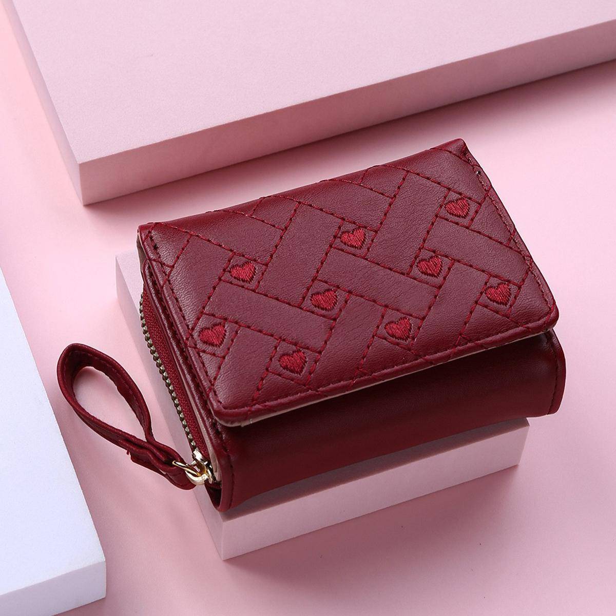 Shein Fashionable Embroidered Heart Pattern Multicard Short Wallet - White