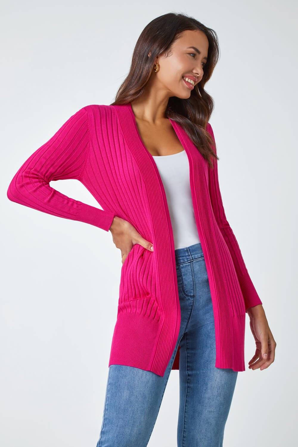 Longline Stretch Ribbed Cardigan - Cerise