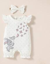 Shein Newborn Baby Rabbit & Butterfly Print Ruffle Trim Romper