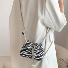 Shein Small Bucket Bag Zebra Striped Pattern Drawstring Design Pearl Decor