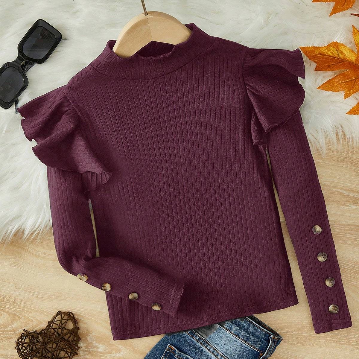Shein Tween Girl Ruffle Trim Button Detail Mock Neck Tee