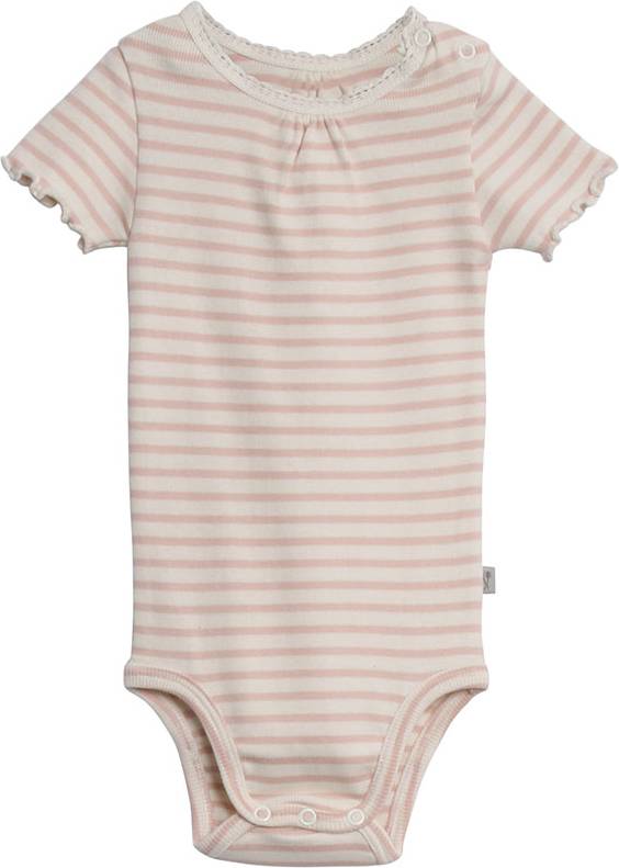 Wheat Rib Body S/S w. Stripes & Lace - Powder