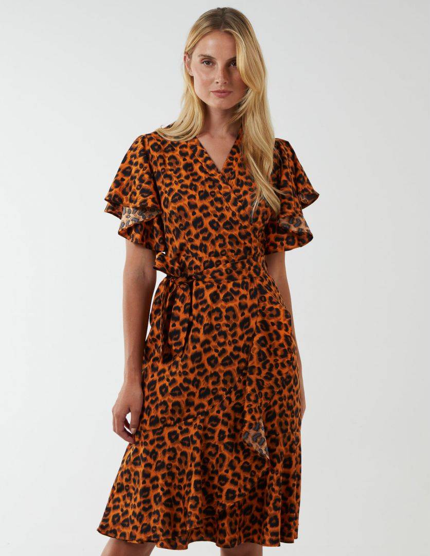 Blue Vanilla Leopard Print Wrap Ruffle Midi Dress Rust