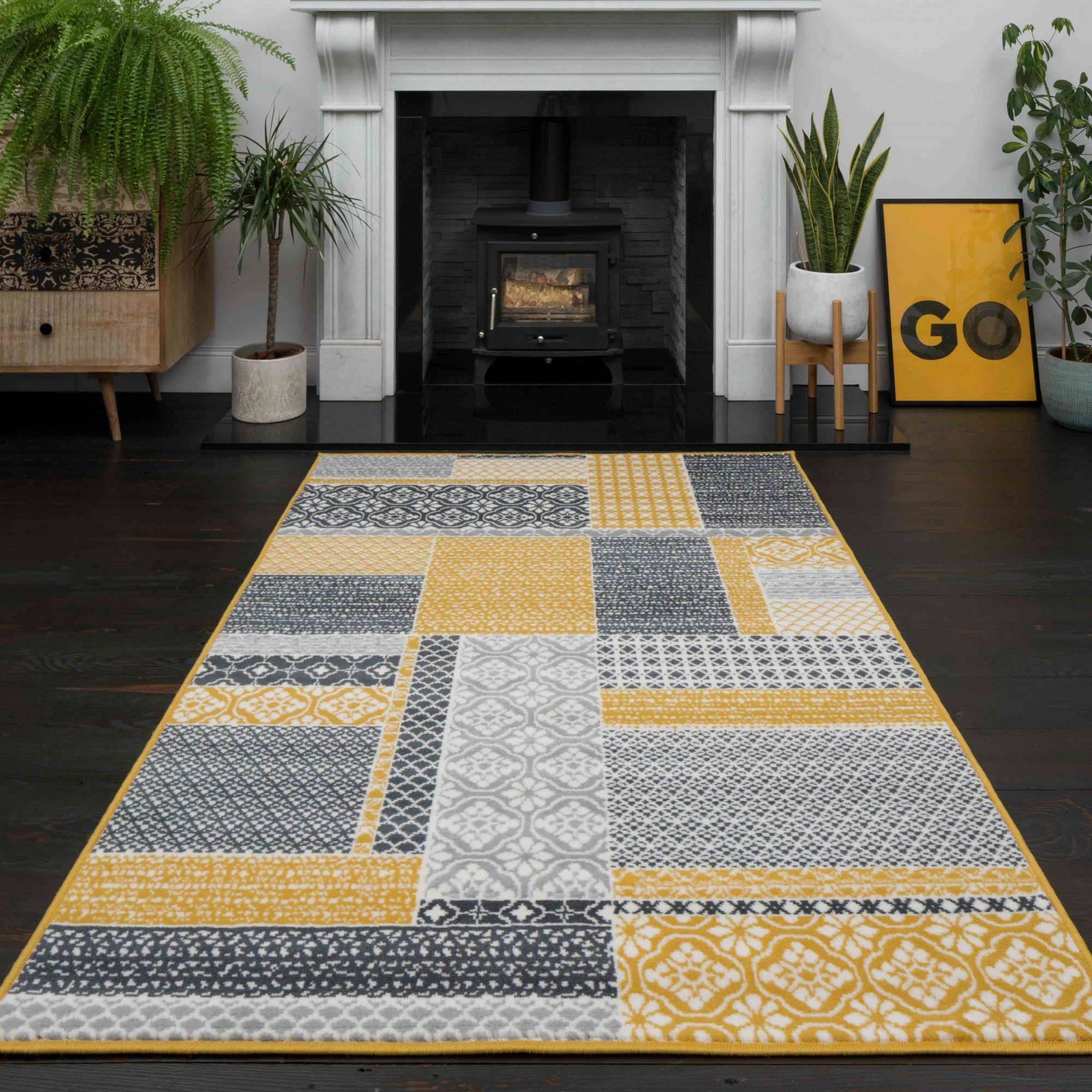 MiLAN Ochre Grey Patchwork Rug Yellow, Grey cm