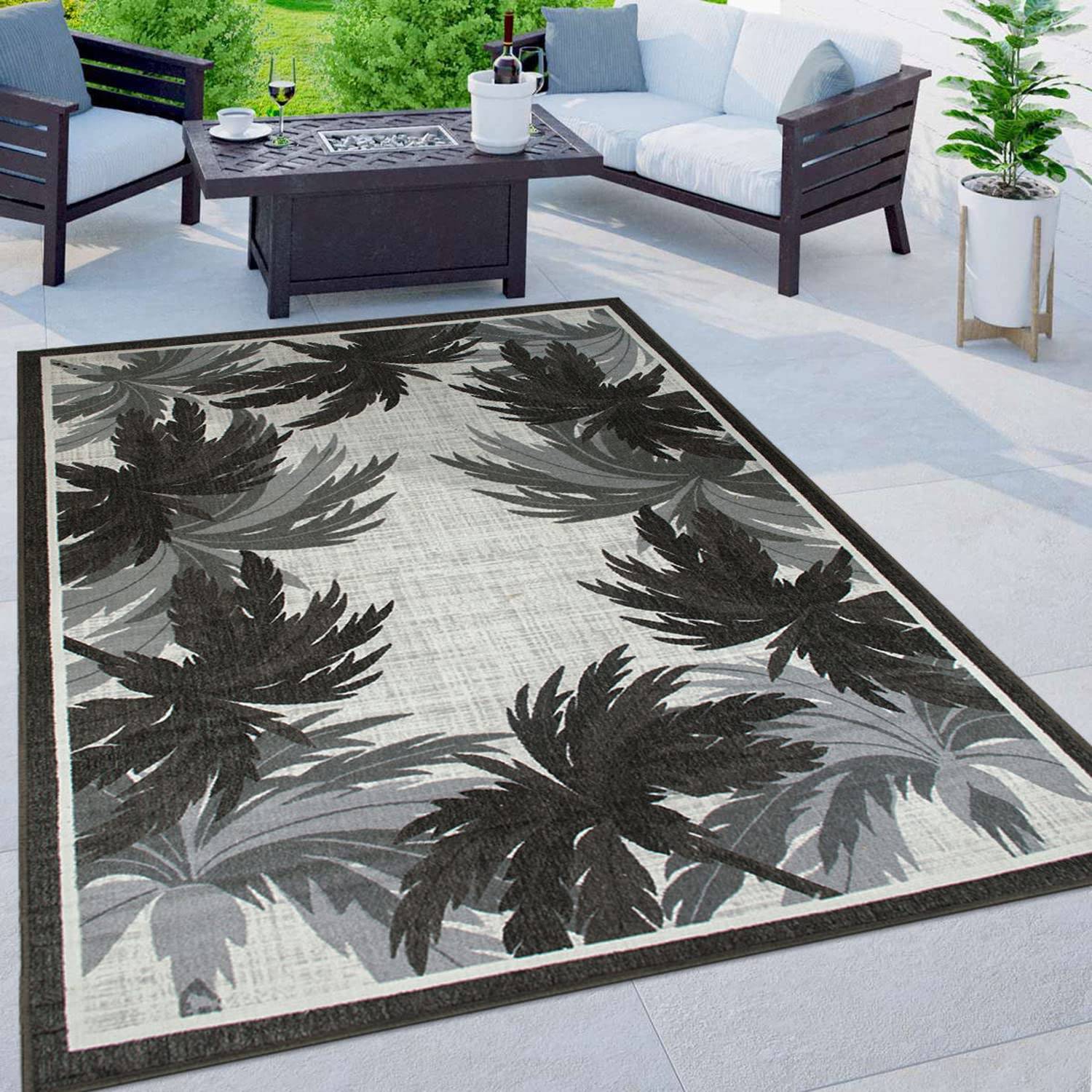 World Rug Gallery Tropical Floral Border Gray, Multicolor