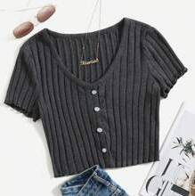 Shein Button Up Rib-knit Crop Top