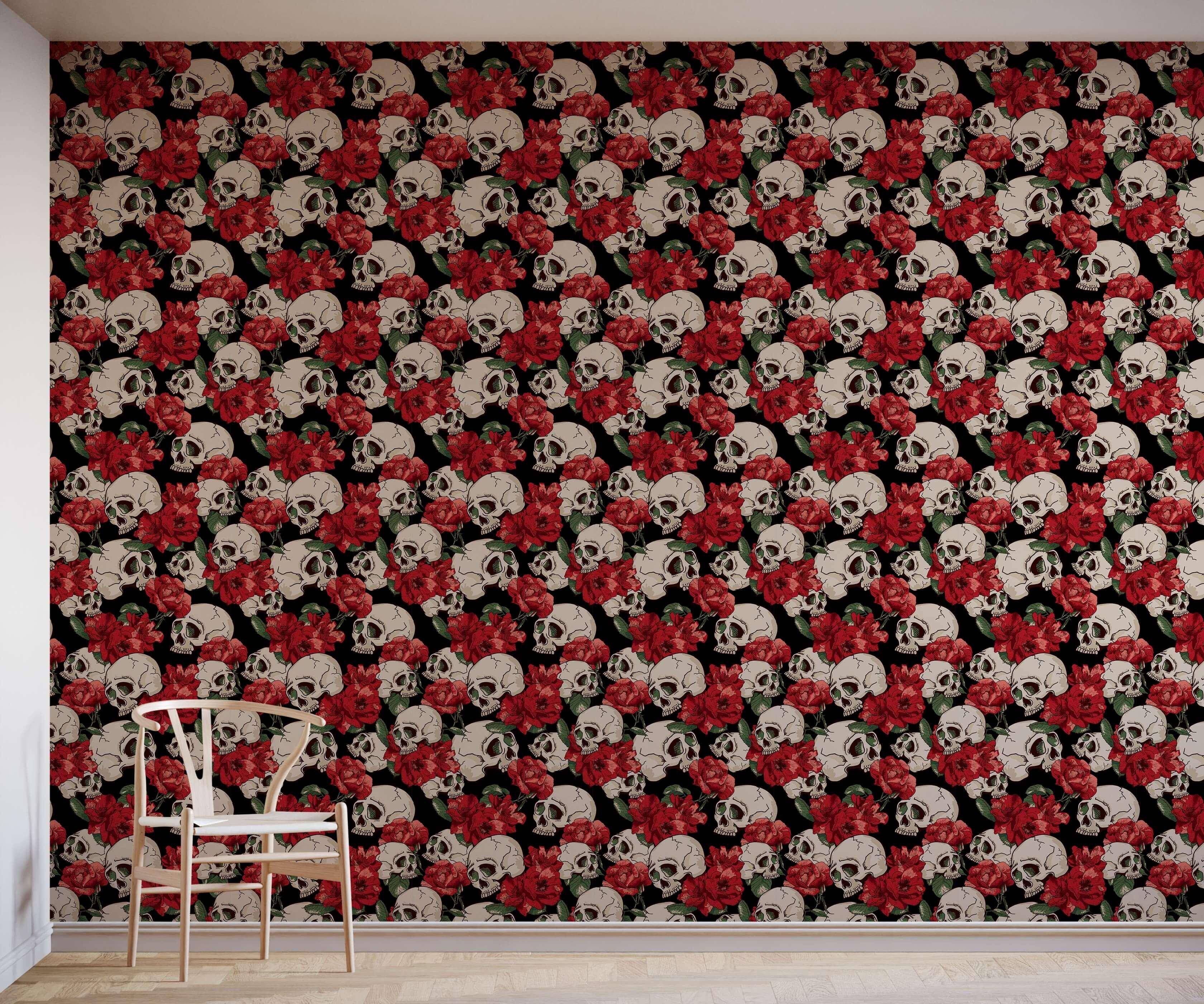 Eco-Friendly Gothic Skull And Roses Wallpaper - Multi