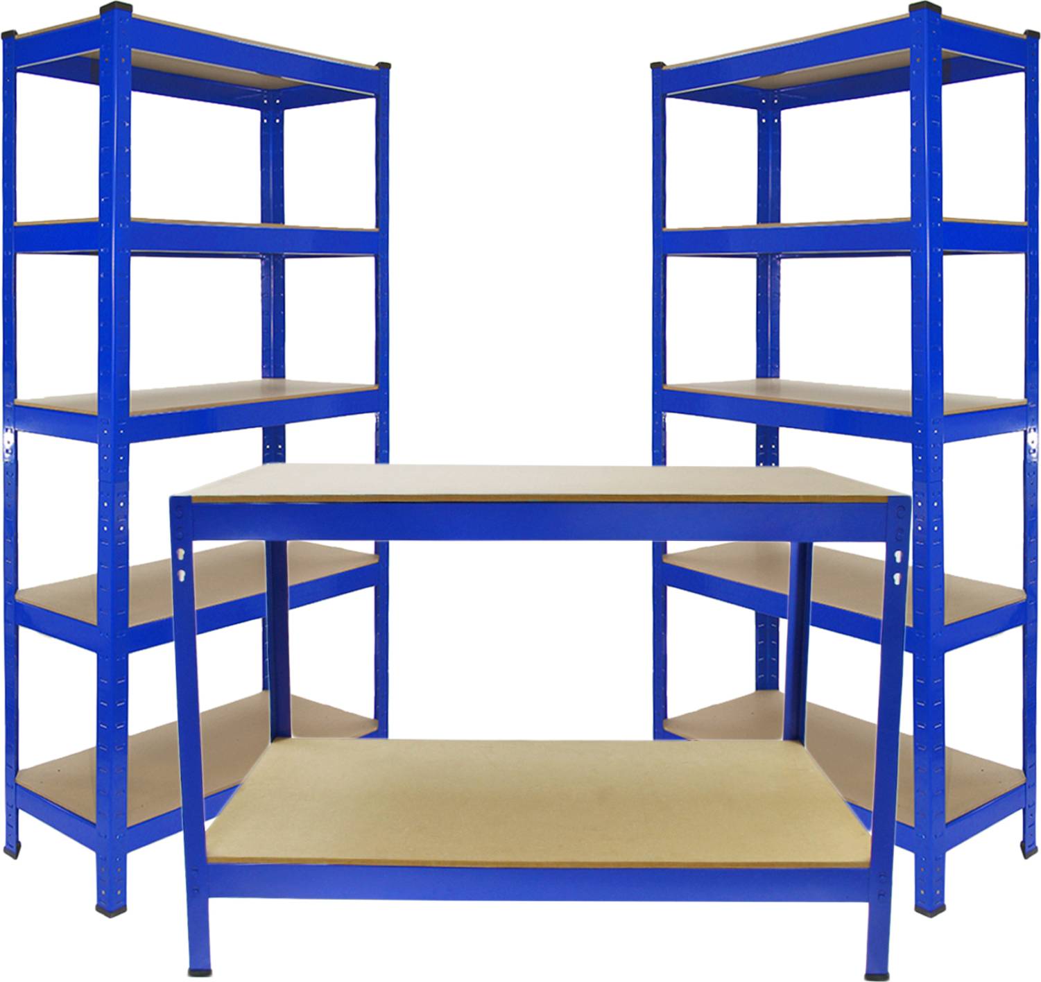 Monster Racking 2 x 90cm T-Rax Heavy Duty Metal Storage Shelving Units & Garage Workbench Blue