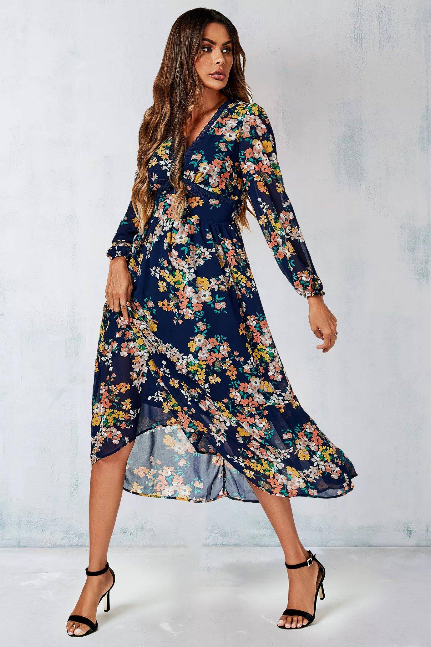 FS Collection FS Collection Floral Print Long Sleeve Maxi Dress In Navy Colour: Navy