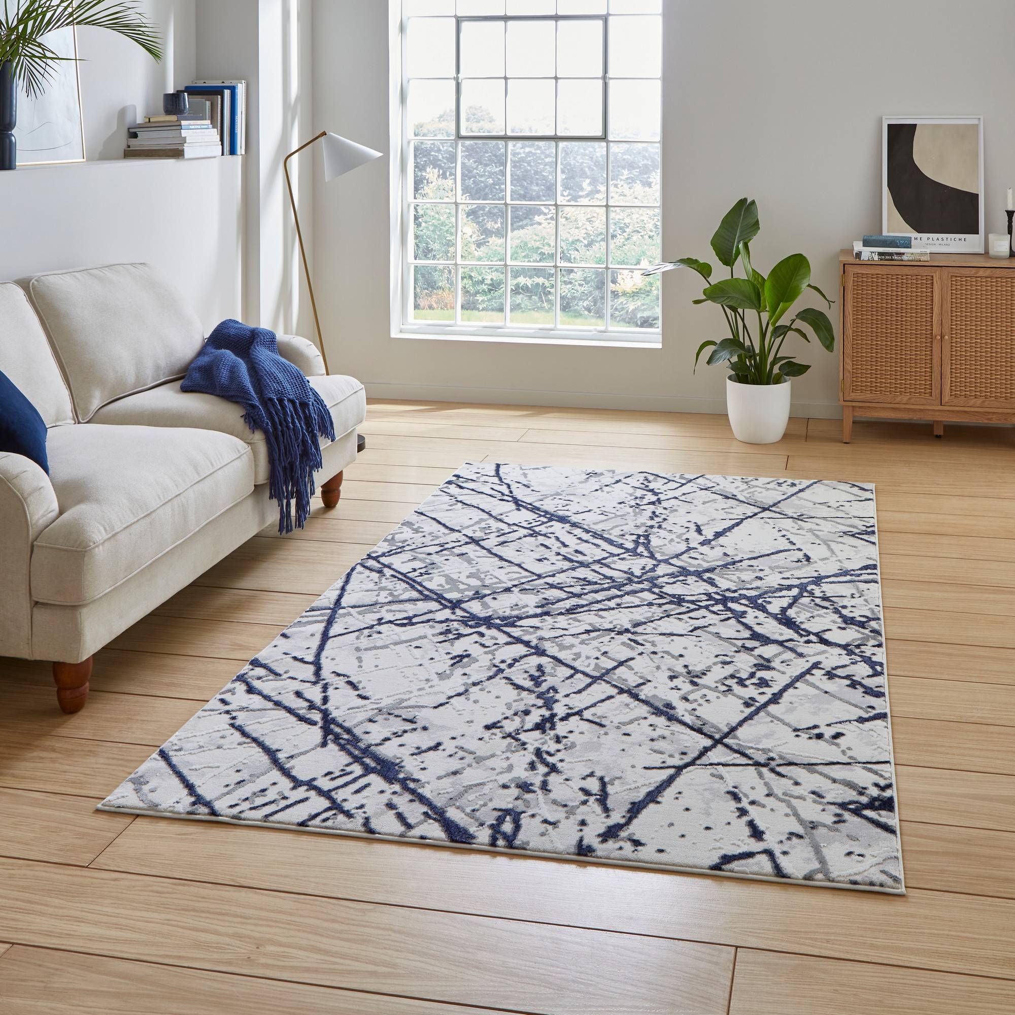 Think Rugs Silver Abstract Easy To Clean Modern Blue