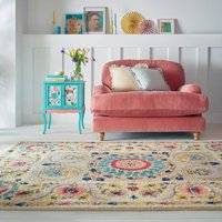 Dunelm Hani Floral Wool Rug MultiColoured Natural