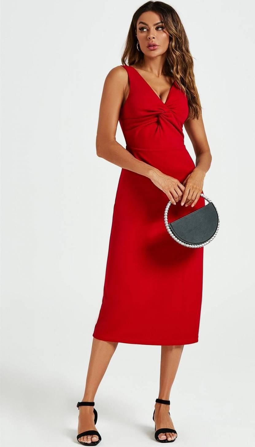 FS Collection V Neck Knot Front Midi Dress In Red