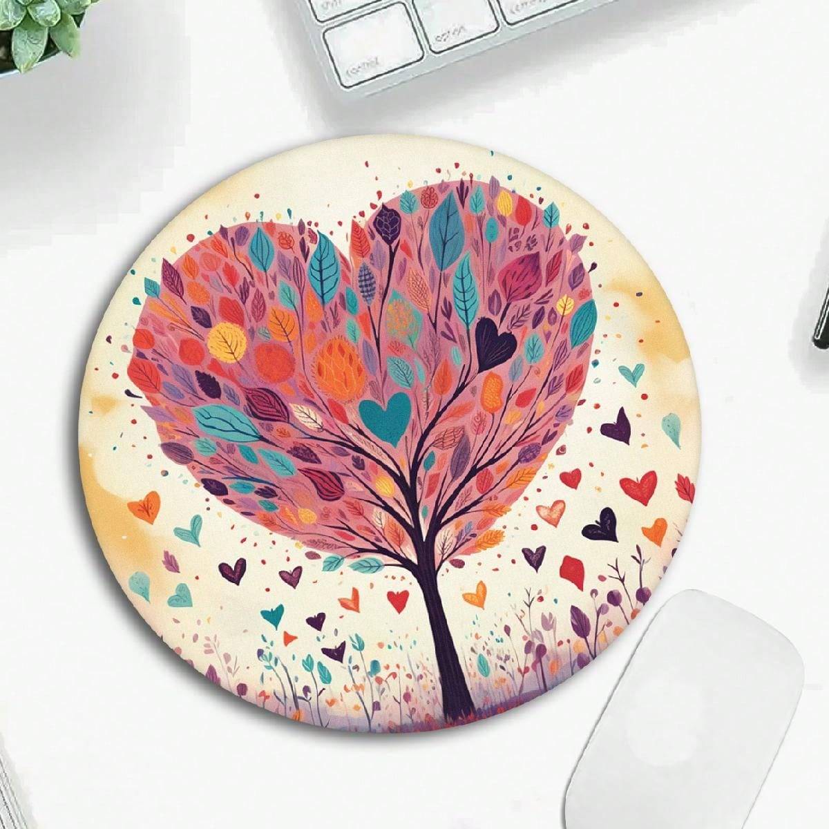 Shein Small Round Mouse Pad With Heart & Tree Pattern, Waterproof & Nonslip Rubber Base, Suitable