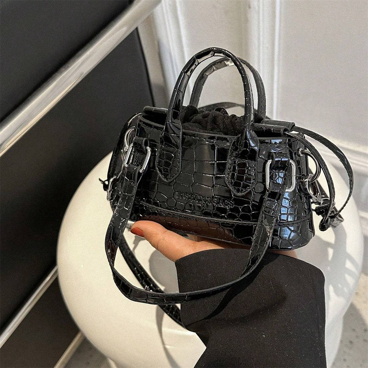 Shein Crocodile Embossed Bucket Bag Mini Drawstring Design Black