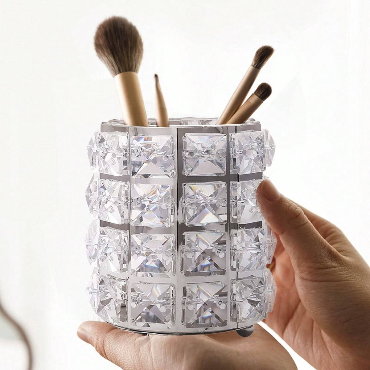 Makeup brush organizer Shein Crystal Brush Pot With Rhinestone Decoration - Silver Color