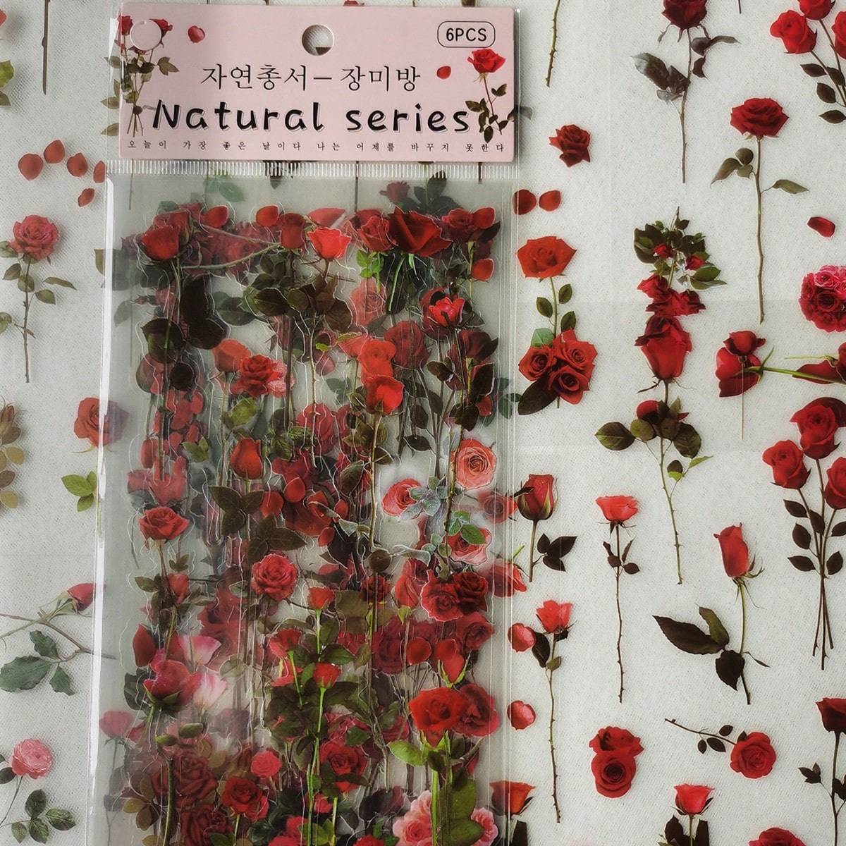 Shein 1pack/6sheets Diy Decorative Pvc Stickers With Plant, Flower And Red Roses Patterns