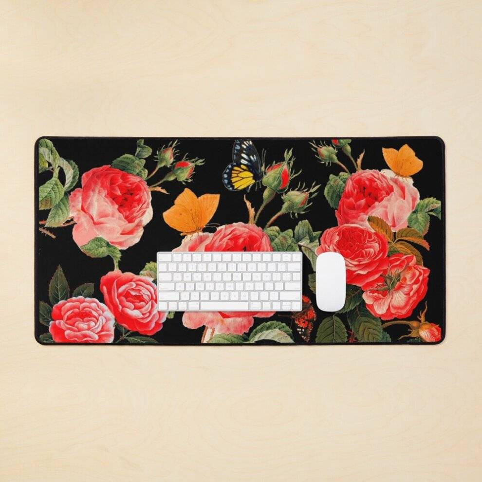 BearLad Mat RED ROSES AND BUTTERFLIES IN BLACK Botanical Pad