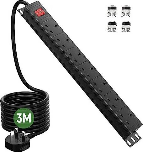 Extension lead with switch Surge Protected Extension Lead 3M, HANNELORE 7 Way Power Strip with Switch, Power Distribution Unit PDU Rack Mount Power Strip, 13Amp Multi Plug